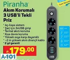 PİRANHA AKIM KORUMALI 3 USB'Lİ TEKLİ PRİZ